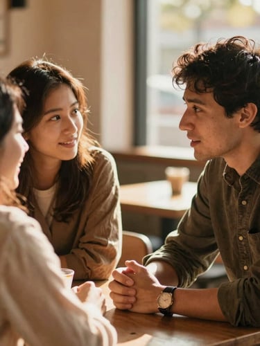 Warm editorial photography of two people in active mentorship conversation at a local cafe table, natural golden-hour light, rich earthy tones, candid human interaction, soft focus, 35mm