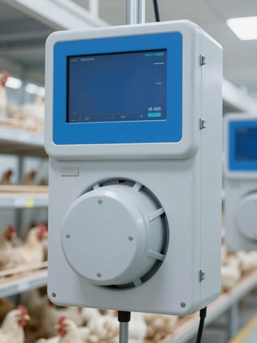 High-tech poultry facility with automated climate control, clean clinical environment, sharp focus, technical-institutional style
