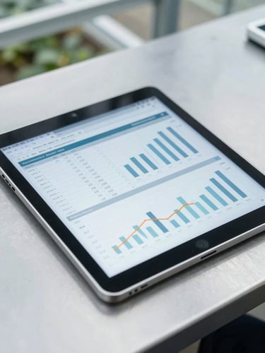Macro shot of a digital tablet showing complex spreadsheet calculations and agricultural cost charts on a clean steel table in a high-tech greenhouse, cool desaturated tones, sharp focus
