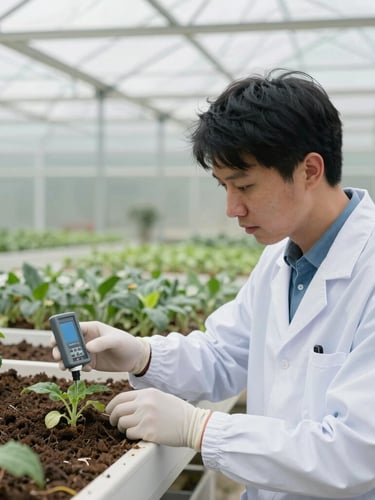 Agronomist measuring soil and plant health parameters with digital sensor in a modern greenhouse, soft natural daylight, scientific precision