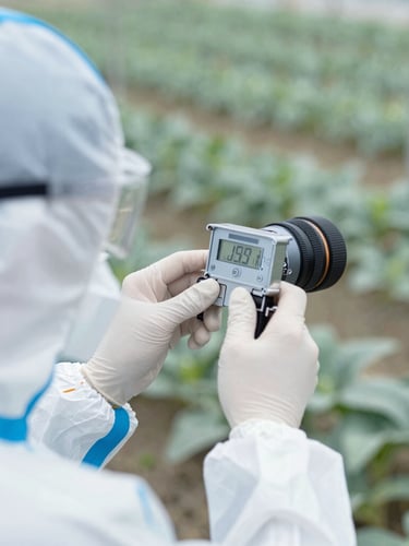 Close-up of a technical specialist in sterile protective gear taking precise field measurements with clinical instruments, bright daylight, desaturated cool tones