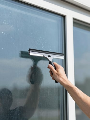Close-up of a professional window film installer using a squeegee on wet glass, sharp details, bright natural daylight, cool blue slate tones