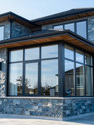 Wide architectural exterior of a modern Canadian home with large glass facades reflecting clean daylight, cool blue slate tones, 35mm lens
