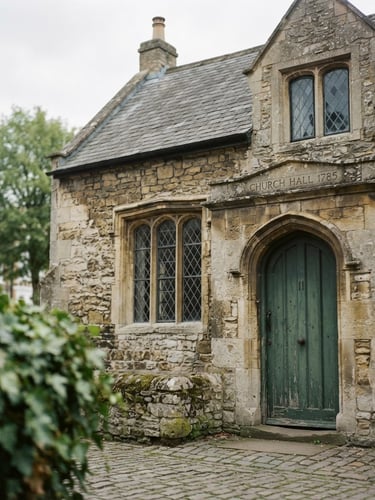 An off-center architectural composition of a historic stone building facade in Twickenham under soft overcast daylight, muted forest green tones, shallow depth of field, 35mm film photography.