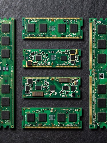 Overhead flat-lay of neatly organized green circuit boards and RAM modules on a dark slate background, high-contrast studio lighting, sharp technical details