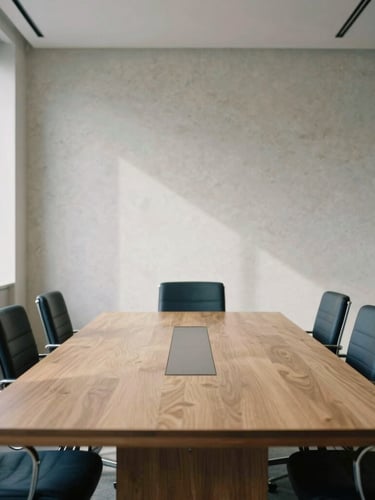 A minimalist corporate boardroom with a long oak table, soft natural daylight streaming through large windows, muted travertine tones, 35mm.