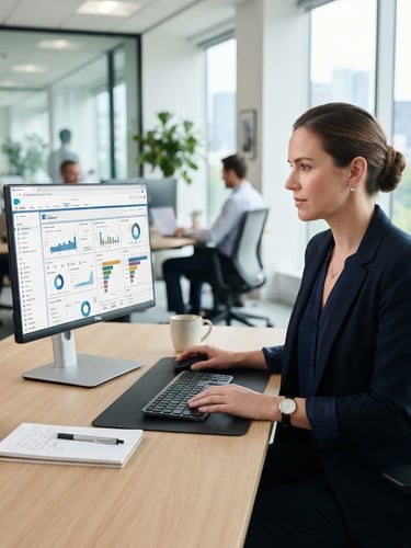 A focused businesswoman analyzing data on a CRM software dashboard in a modern office.