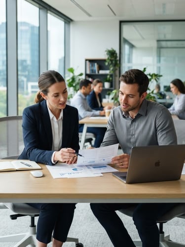 medium wide shot of two professionals reviewing a document at a clean modern office desk, bright natural daylight, practical work environment