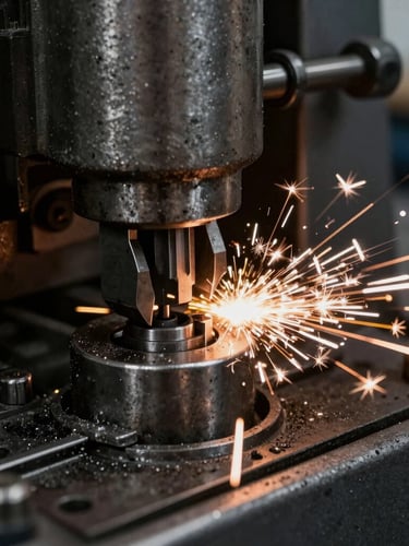 Macro shot of key cutting machine with sparks flying, high-contrast workshop lighting, metallic textures, sharp focus, 35mm