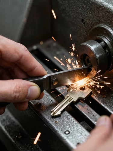 Close-up of hands cutting keys on a machine, sparks flying, high-contrast workshop lighting, metallic textures and deep shadows, sharp focus, 35mm