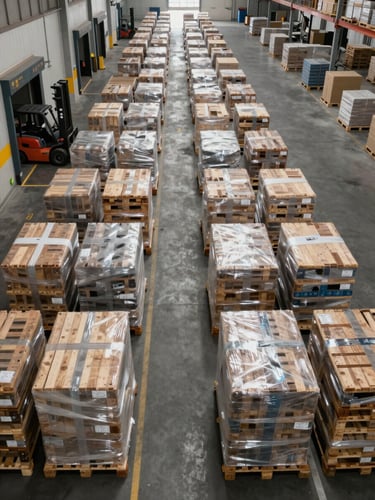 Overhead wide shot of a warehouse loading dock, rows of shrink-wrapped pallets staged for dispatch under bright clinical overhead lighting, forklift visible at far edge of frame, inventory organized by category with clear aisle markings, documentary framing showing operational scale