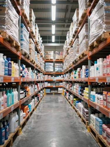 Wide overhead shot of a warehouse aisle lined with organized consumer goods pallets — personal care products, packaged household items, and boxed merchandise stacked uniformly on steel shelving under bright clinical overhead lighting, deep depth of field showing full aisle length
