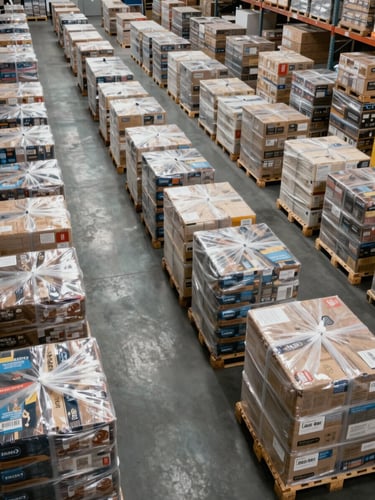 Wide overhead shot of a large warehouse floor, rows of shrink-wrapped commodity pallets organized in precise lanes under bright clinical overhead lighting, showing scale and depth of stock — no workers, no branding visible, pure inventory