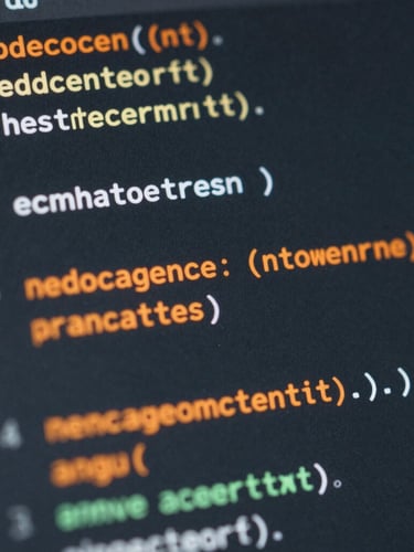 Extreme macro close-up of clean software code on a dark matte screen, cool diffused lighting with sharp warm orange reflection.