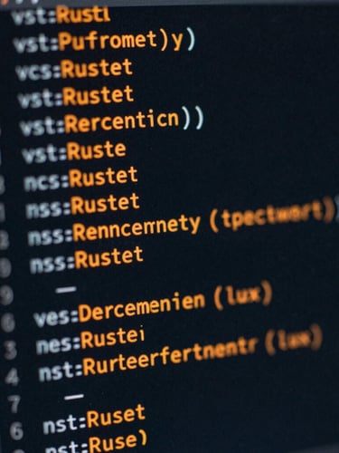Extreme macro close-up of clean, well-commented Rust code on a dark screen, cool diffused studio light with sharp orange reflections on the glass.