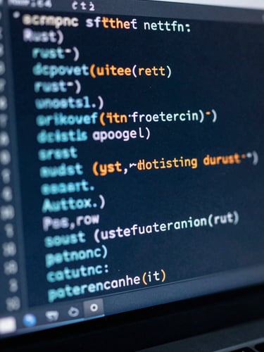 Extreme macro close-up of a terminal screen showing clean Rust code with syntax highlighting, cool diffused blue light with subtle orange reflections on the glass.