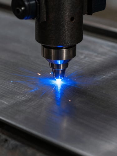 Extreme close-up of a fiber laser cutting head emitting intense blue sparks on a sheet of raw stainless steel, high-contrast industrial workshop lighting, 35mm