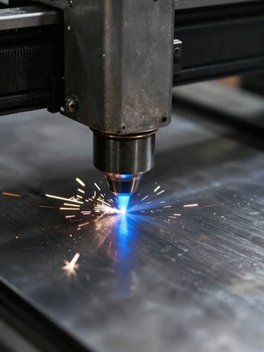 Extreme close-up of a laser cutter nozzle emitting bright blue arcs onto a sheet of raw stainless steel, metallic sparks flying, high-contrast industrial lighting, 35mm