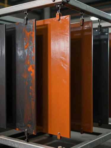 Powder-coated metal panels hanging on an overhead conveyor line inside a modern curing oven, deep orange and charcoal tones, industrial lighting, 35mm