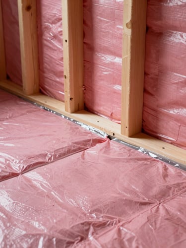 Close-up of perfectly installed pink insulation batts behind a taut, clean clear vapour barrier, acoustic sealant visible at the wood studs, crisp high-contrast lighting.