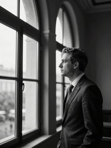 Candid, high-contrast black and white portrait of a thoughtful leader looking out a tall arched window, deep shadows, natural directional light, 50mm lens.