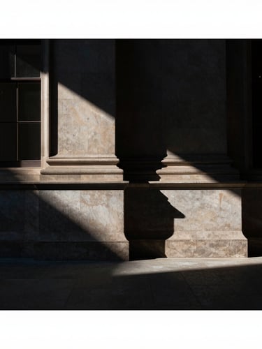 Dramatic architectural crop of a civic stone building with deep shadows and natural directional light, 50mm lens, high contrast