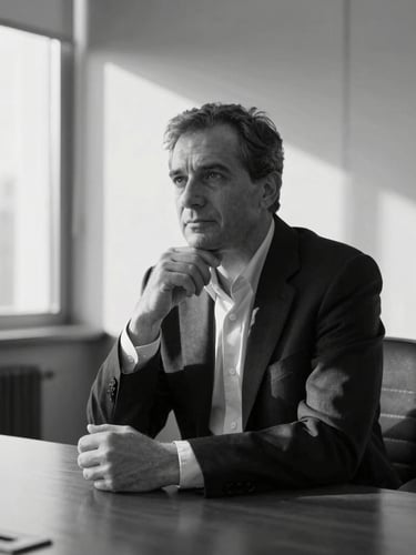 Candid black and white portrait of a thoughtful leader in a sunlit boardroom, natural directional window light, deep shadows, 50mm lens, professional