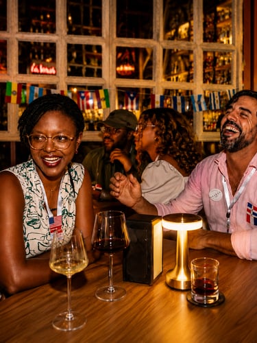 Diverse group of friends laughing at a cocktail bar with wine glasses and international flags.