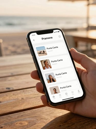 A premium smartphone displaying a minimalist community app interface, held by a hand on a sun-drenched wooden table at a beachside cafe in Punta Cana, soft shadows, warm editorial feel.