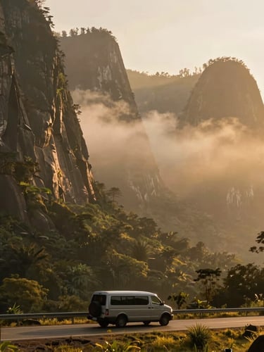 Wide environmental shot of Harau Valley at sunrise, dramatic towering granite cliffs shrouded in soft morning mist, a luxury transport vehicle parked quietly on a clean paved road in the lower third, warm golden light, cinematic 35mm lens