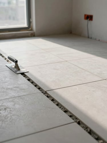 Medium environmental shot of an organized job site corner in morning daylight — a clean tile layout in progress on a floor, grout lines measured and precise, a steel trowel resting at the edge of the work, no clutter, daylight from a nearby window casting honest material light across the ceramic surface