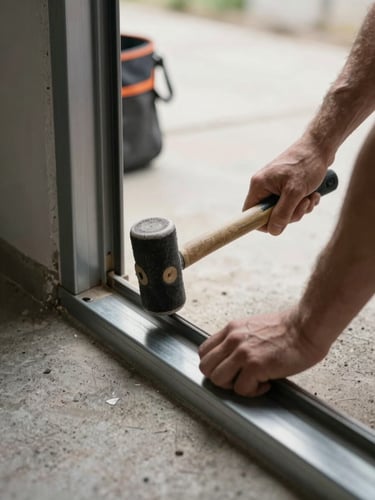 Portrait framing, diffused on-site daylight — a close-medium view of a metal door threshold being set with a rubber mallet, the installer's forearm steady, concrete substrate visible below, tool bag edge in background