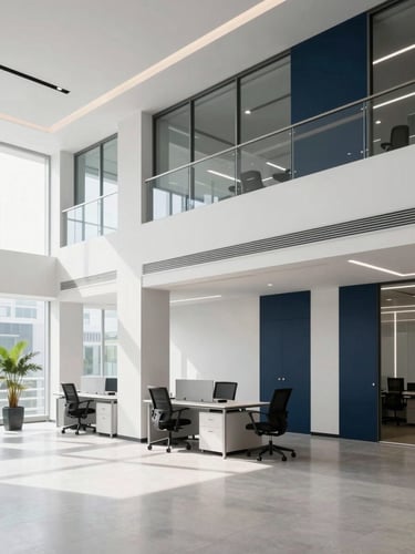 Bright modern corporate office in Jakarta, clean architectural lines, natural light, professional environment, cool tones