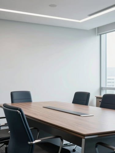 Modern corporate boardroom in Jakarta, bright natural office light, clean architectural lines, professional setting, 35mm