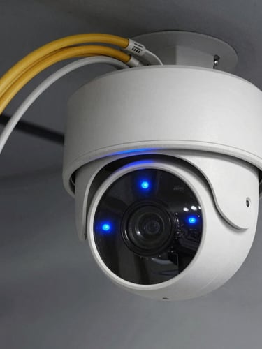 Close-up of a high-end dome camera mounted next to structured fiber optic lines, illuminated by sharp electric blue status LEDs, metallic gray background, technical angle.