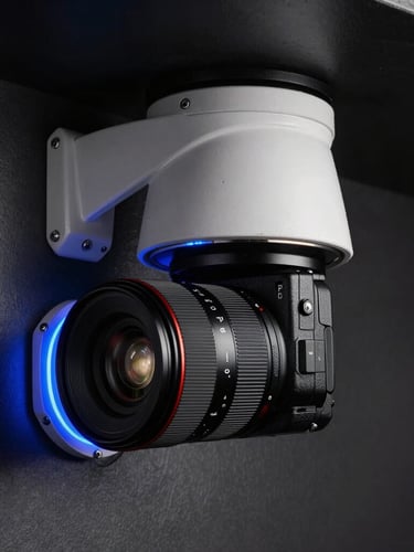 Vista de perfil técnico de una cámara domo de alta gama con anillo LED azul eléctrico encendido, montada sobre una superficie metálica oscura, iluminación dramática de bajo contraste.