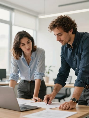 An environmental portrait of two Italian professionals discussing a layout in a bright, airy office, soft daylight, warm corporate tones, 35mm lens