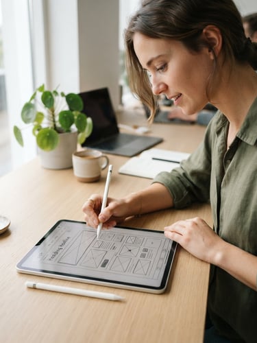 A close-up of a designer sketching a clean website wireframe layout on a tablet, soft natural daylight, minimalist workspace