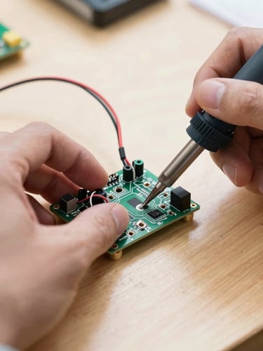 Macro shot of hands assembling an electronic circuit board with wires and soldering iron on a wooden workshop table, bright natural light, crisp industrial photography