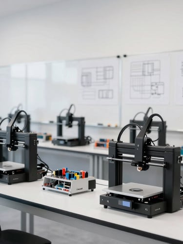 Wide-angle view of a clean, modern prototyping workshop in Lindon, Utah, with 3D printers, electronics testing rigs, and schematics on whiteboards, bright natural light.
