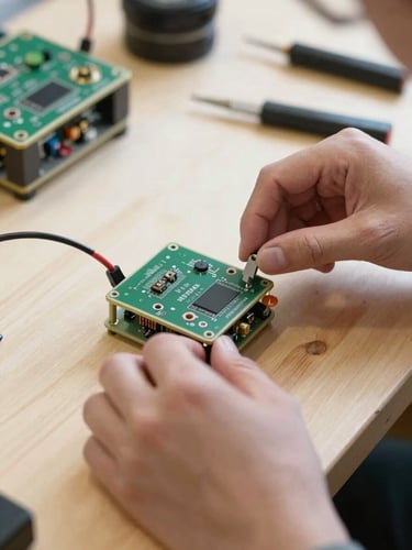 Close-up of hands assembling a physical electronic prototype on a bright wooden workshop bench, wires and tools visible, bright natural light, crisp industrial photography.