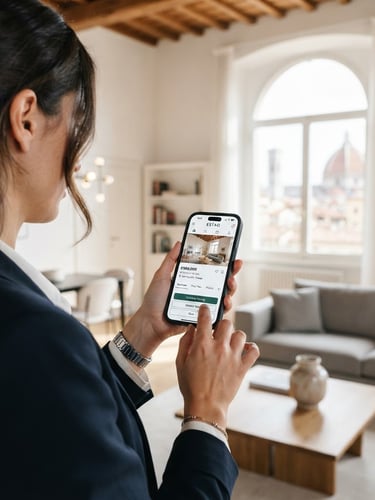 Real estate agent using Estao.app on a smartphone in a modern, bright Italian apartment, shallow depth of field, over-the-shoulder shot showing the app interface clearly.