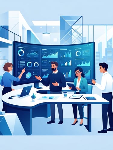 Clean vector illustration of a modern digital workspace with flat geometric shapes, subtle blue gradients, depicting collaborative professionals analyzing data dashboards.