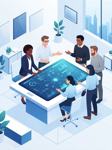 Isometric vector illustration of diverse professionals collaborating over a large digital interface, clean geometric lines, subtle blue gradients, flat shapes, minimalist digital workspace