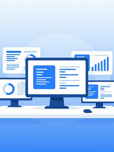 A clean vector illustration of a modern digital workspace with flat geometric shapes, subtle blue gradients, depicting collaborative charts and code interfaces on screens, professional and minimalist