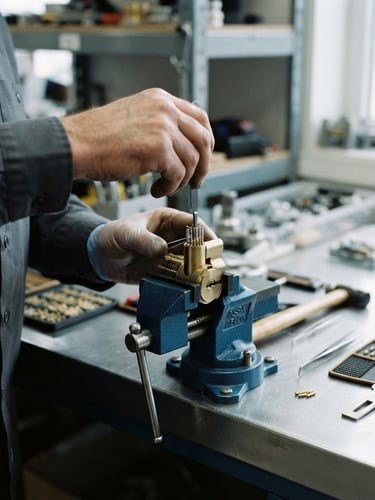 Close-up of a professional locksmith's hands expertly rekeying a high-security brass lock cylinder on a clean workbench, cool steel tones, sharp focus, 35mm