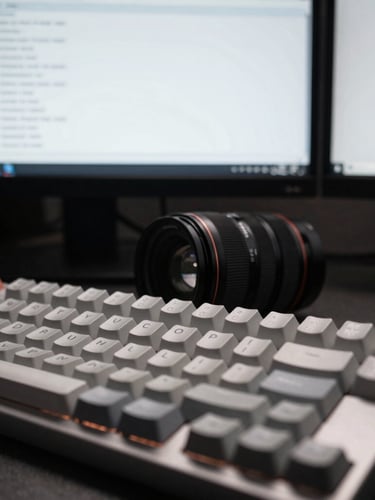 Macro overhead shot of a mechanical keyboard and dual monitor setup displaying clean CRM database schemas, cool overcast daylight, desaturated tones with sharp contrast, 35mm lens