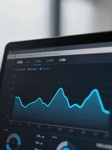 Macro close-up of a high-contrast CRM dashboard showing revenue attribution graphs on a dark screen, cool overcast office lighting, desaturated tones with sharp electric blue data lines, 35mm lens