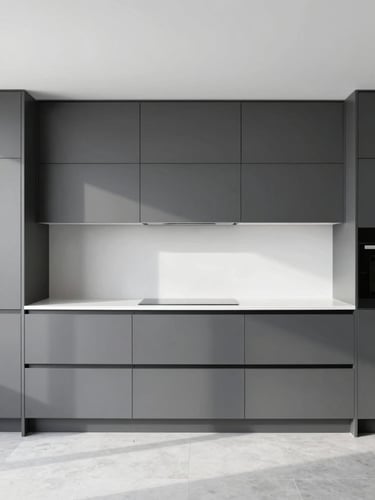 Straight-on architectural elevation of a newly renovated minimalist kitchen, matte dark gray cabinetry, white solid surface countertops, bright daylight, sharp focus