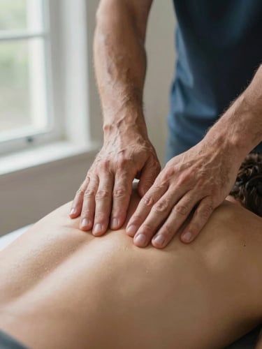 Close-up of a physiotherapist's hands gently palpating a patient's lower back, natural daylight from a window to the left, warm skin tones, clinical but human, shallow depth of field on the contact point